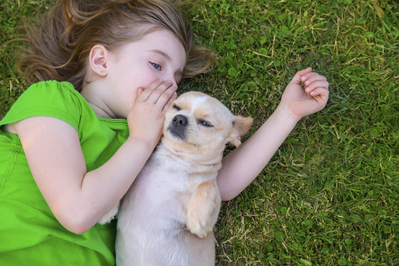 Girl whispering in dogs ear.